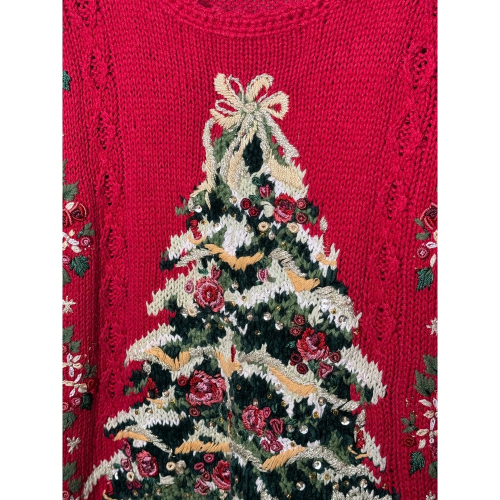 Red Vintage Christmas Tree Embroidered Beaded Sweater Large Stitches In Time - Picture 7 of 7